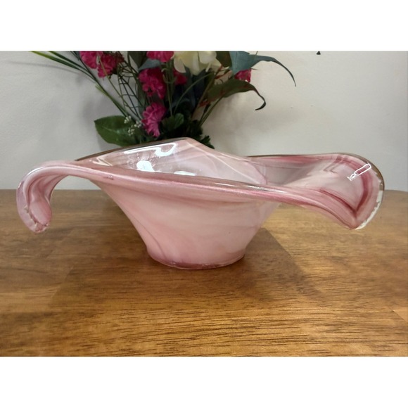 Vintage Pink Swirl Handblown Art Glass Bowl Murano Style Centrepiece Decor - Picture 6 of 8